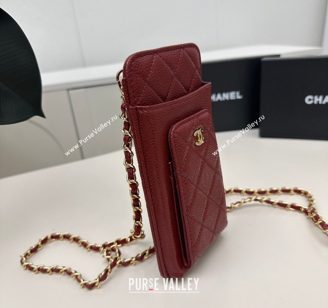 Chanel Grained Calfskin Phone Holder with Chain Dark Burgundy 2025 AP0990 50079 (99-250109129)