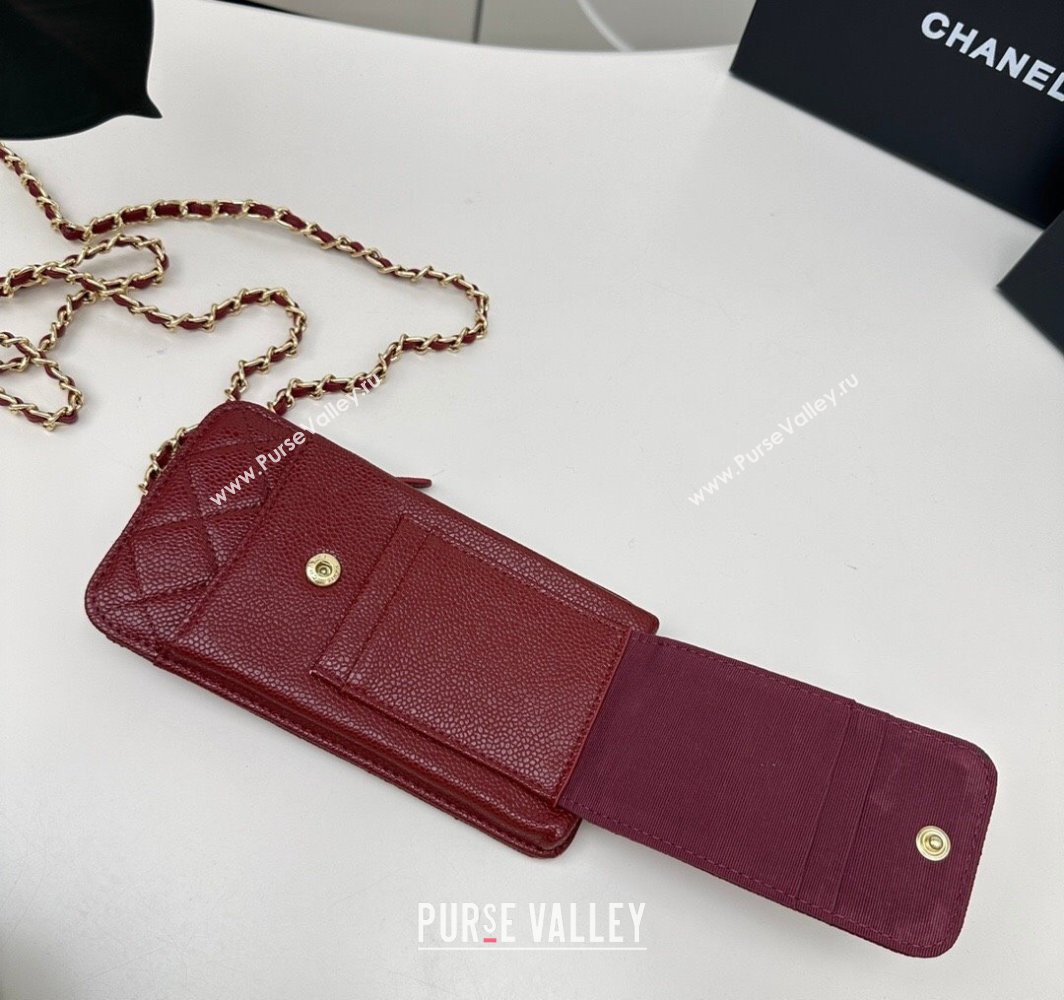 Chanel Grained Calfskin Phone Holder with Chain Dark Burgundy 2025 AP0990 50079 (99-250109129)