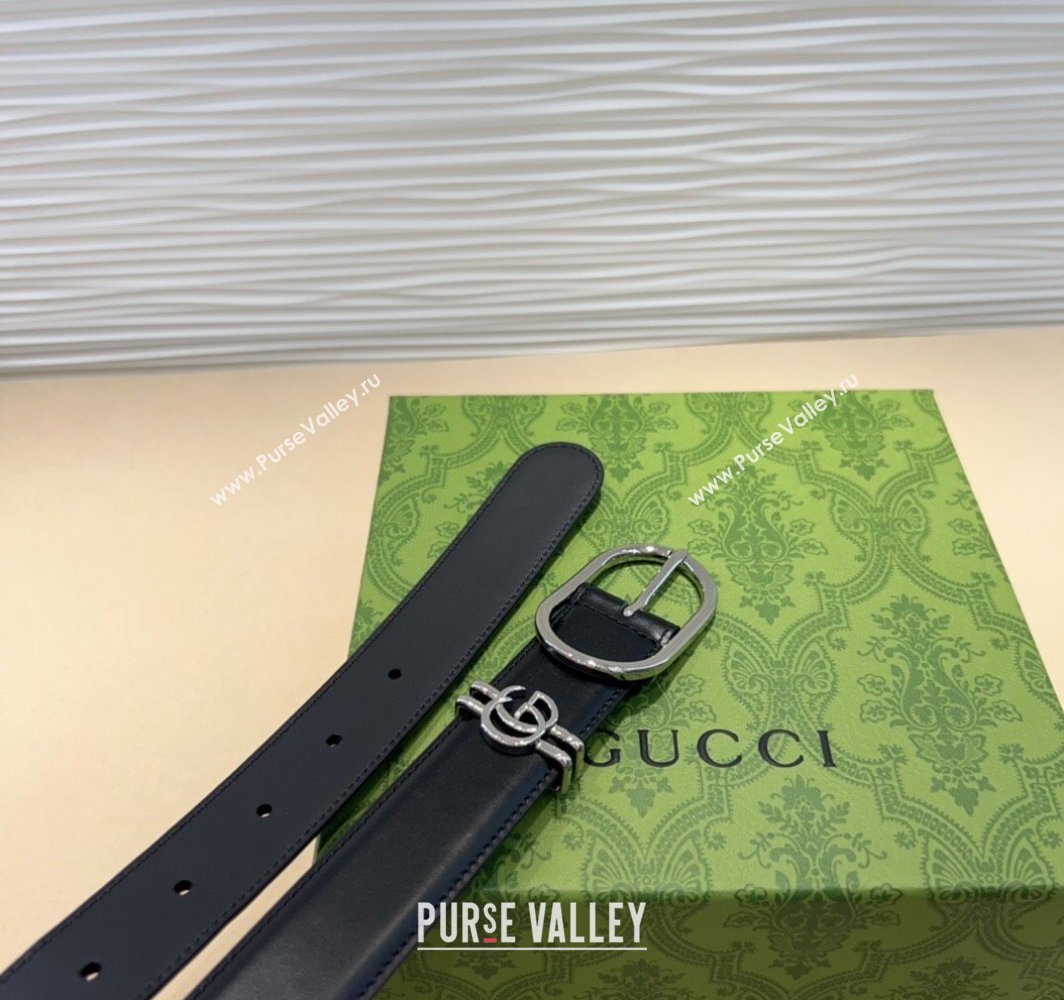 Gucci Double G Leather Belt 3cm with Round Pin Buckle Black/Silver 2025 633125 (99-240110060)