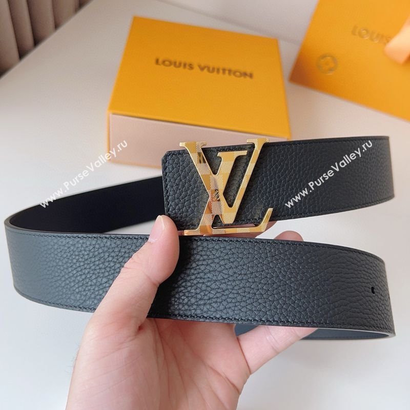 Louis Vuitton Mens Damier LV Belt 4cm with LV Buckle in Palm-Grained Leather Black/Gold 2025 LV011002 (99-250110083)