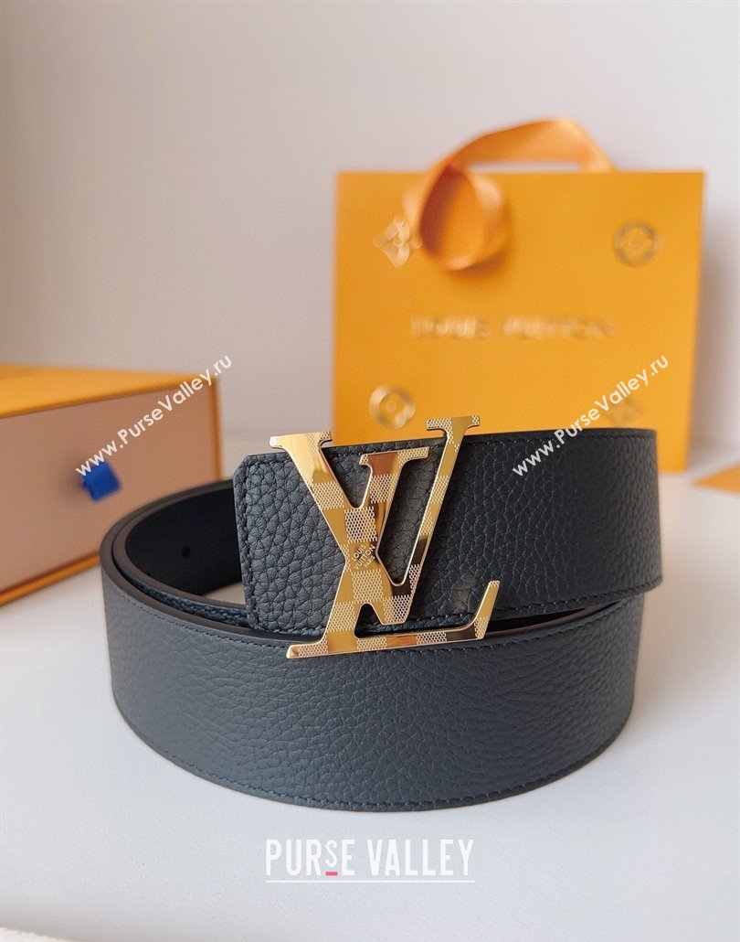 Louis Vuitton Mens Damier LV Belt 4cm with LV Buckle in Palm-Grained Leather Black/Gold 2025 LV011002 (99-250110083)