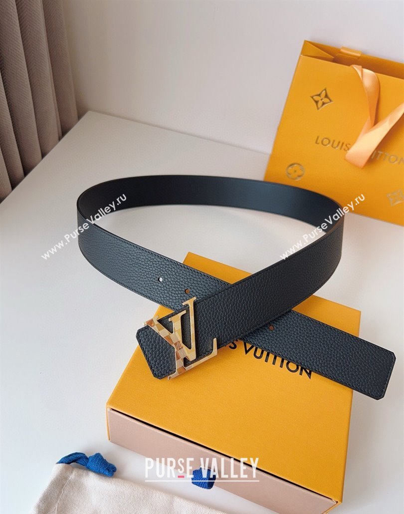 Louis Vuitton Mens Damier LV Belt 4cm with LV Buckle in Palm-Grained Leather Black/Gold 2025 LV011002 (99-250110083)