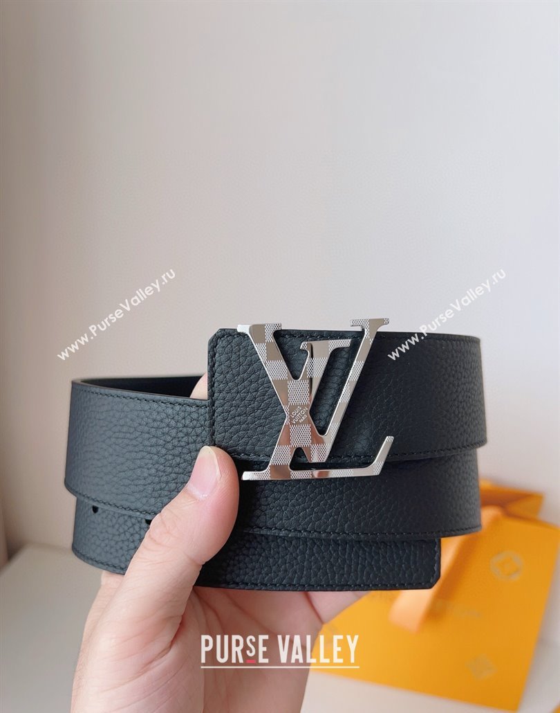 Louis Vuitton Mens Damier LV Belt 4cm with LV Buckle in Palm-Grained Leather Black/Silver 2025 LV011002 (99-250110084)