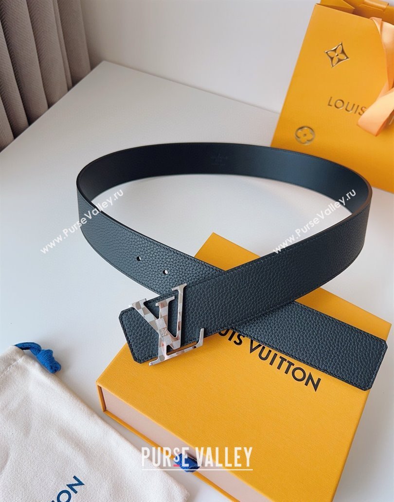 Louis Vuitton Mens Damier LV Belt 4cm with LV Buckle in Palm-Grained Leather Black/Silver 2025 LV011002 (99-250110084)