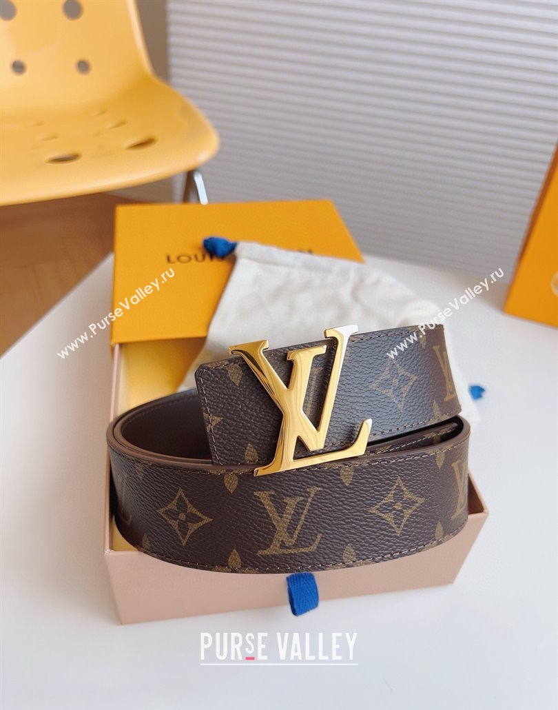 Louis Vuitton Mens Monogram Canvas Belt 4cm with Gold LV Buckle Brown Leather 2025 LV011003 (99-250110089)