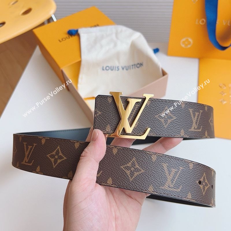 Louis Vuitton Mens Monogram Canvas Belt 4cm with Gold LV Buckle Black Leather 2025 LV011003 (99-250110090)