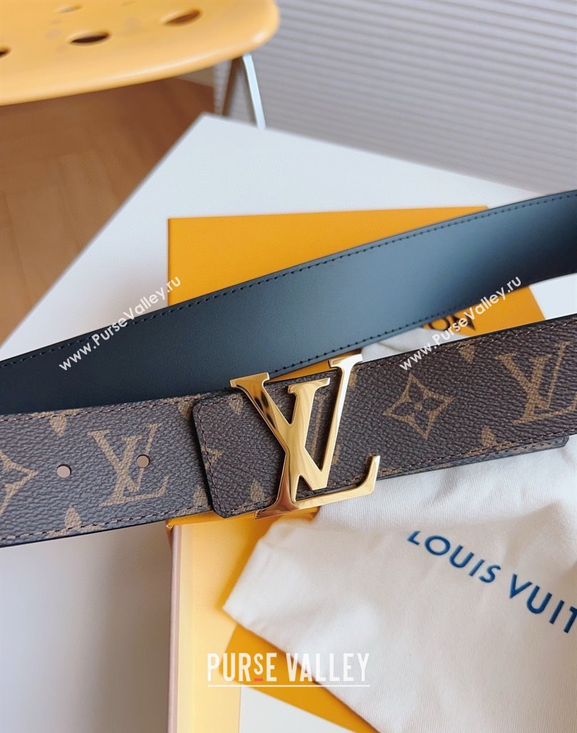 Louis Vuitton Mens Monogram Canvas Belt 4cm with Gold LV Buckle Black Leather 2025 LV011003 (99-250110090)