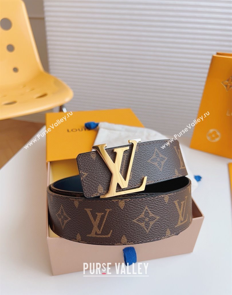 Louis Vuitton Mens Monogram Canvas Belt 4cm with Gold LV Buckle Black Leather 2025 LV011003 (99-250110090)