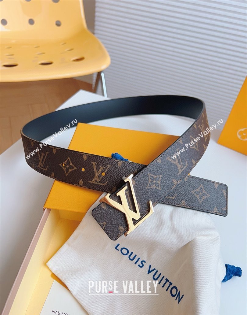 Louis Vuitton Mens Monogram Canvas Belt 4cm with Gold LV Buckle Black Leather 2025 LV011003 (99-250110090)