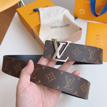 Louis Vuitton Mens Monogram Canvas Belt 4cm with Silver LV Buckle Black Leather 2025 LV011003 (99-250110091)