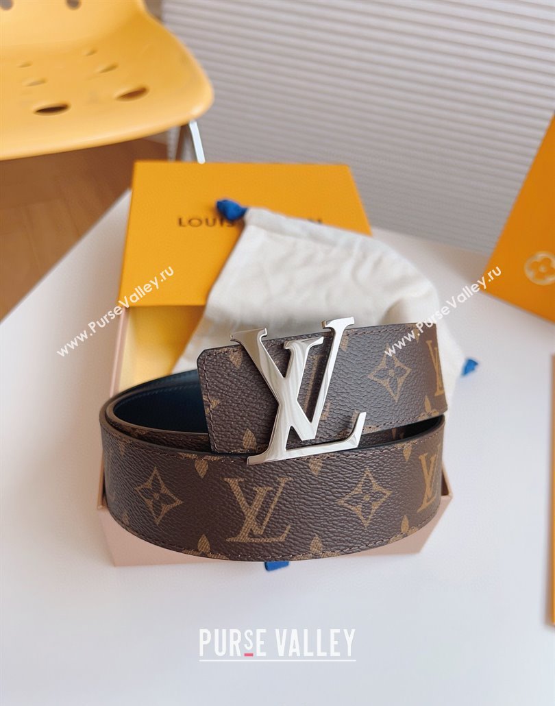 Louis Vuitton Mens Monogram Canvas Belt 4cm with Silver LV Buckle Black Leather 2025 LV011003 (99-250110091)