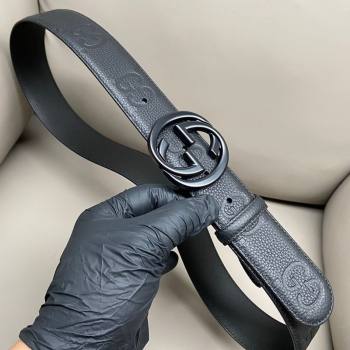 Gucci Milano Maxi GG Grained Leather Belt 4cm with Interlocking G Buckle All Black 2025 GG010901 (99-250109143)