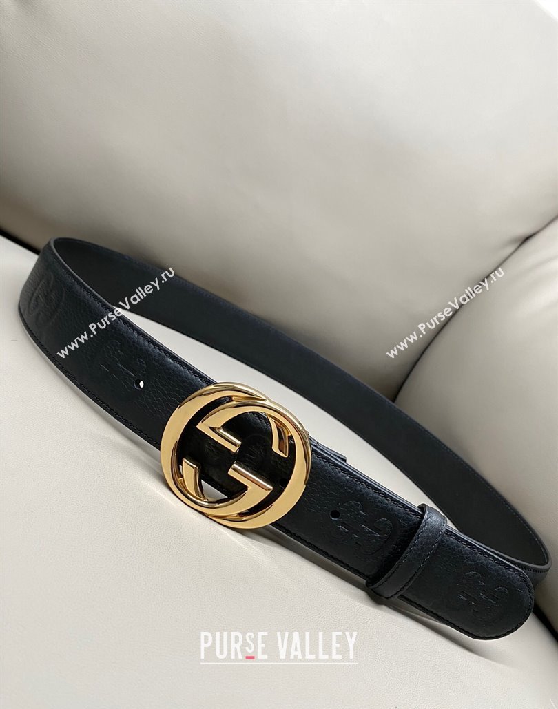 Gucci Milano Maxi GG Grained Leather Belt 4cm with Interlocking G Buckle Black/Shiny Gold 2025 GG010901 (99-250109144)