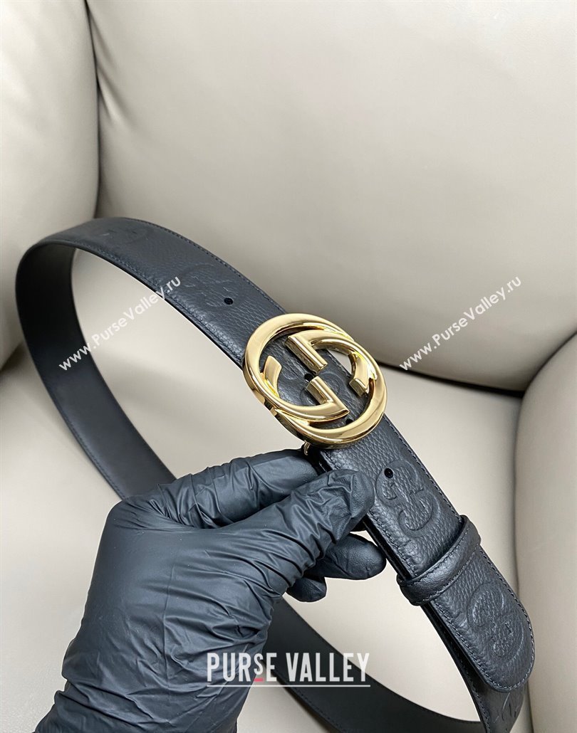 Gucci Milano Maxi GG Grained Leather Belt 4cm with Interlocking G Buckle Black/Shiny Gold 2025 GG010901 (99-250109144)