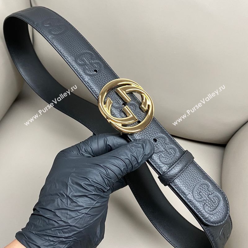 Gucci Milano Maxi GG Grained Leather Belt 4cm with Interlocking G Buckle Black/Shiny Gold 2025 GG010901 (99-250109144)