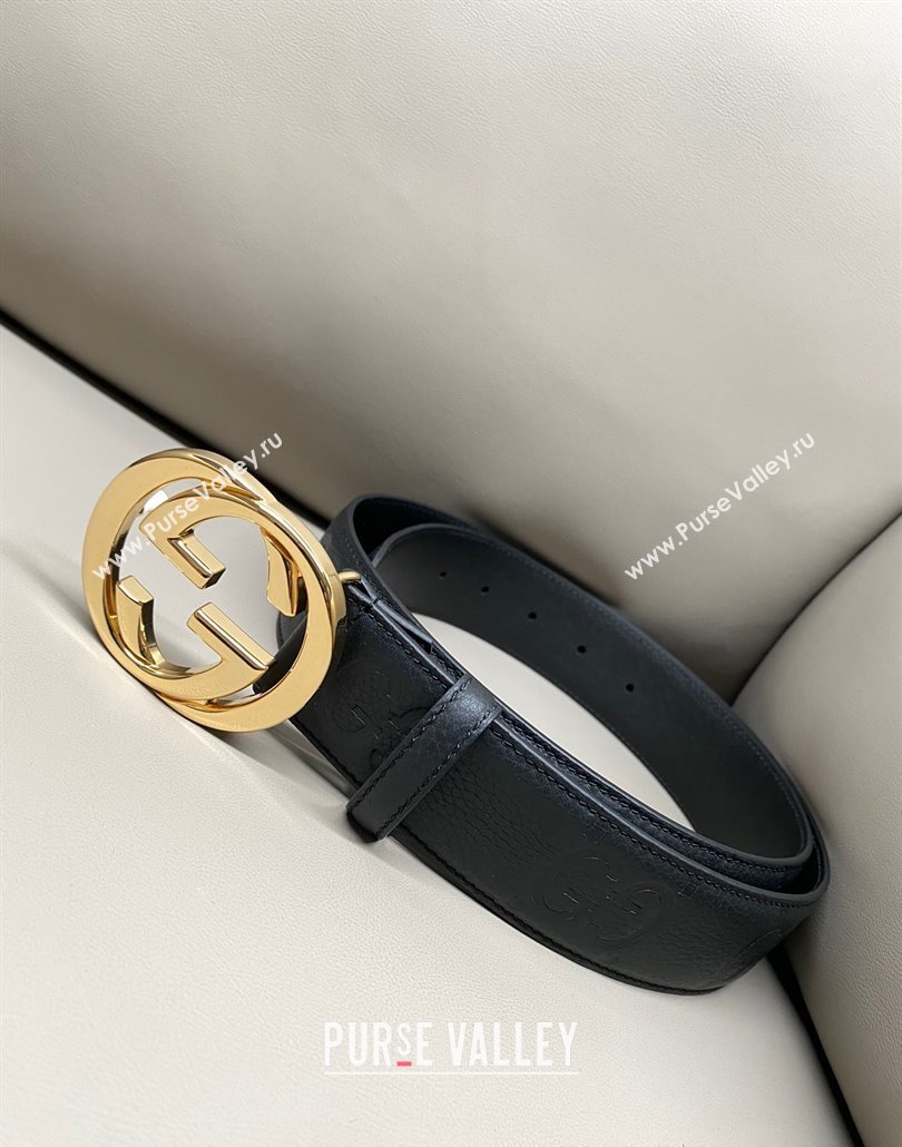 Gucci Milano Maxi GG Grained Leather Belt 4cm with Interlocking G Buckle Black/Shiny Gold 2025 GG010901 (99-250109144)