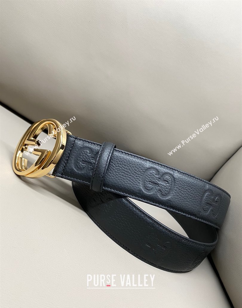 Gucci Milano Maxi GG Grained Leather Belt 4cm with Interlocking G Buckle Black/Shiny Gold 2025 GG010901 (99-250109144)