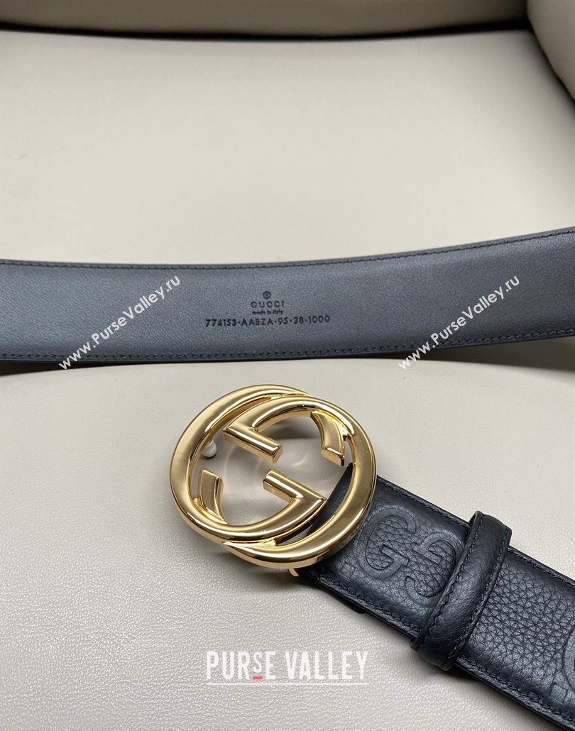 Gucci Milano Maxi GG Grained Leather Belt 4cm with Interlocking G Buckle Black/Shiny Gold 2025 GG010901 (99-250109144)