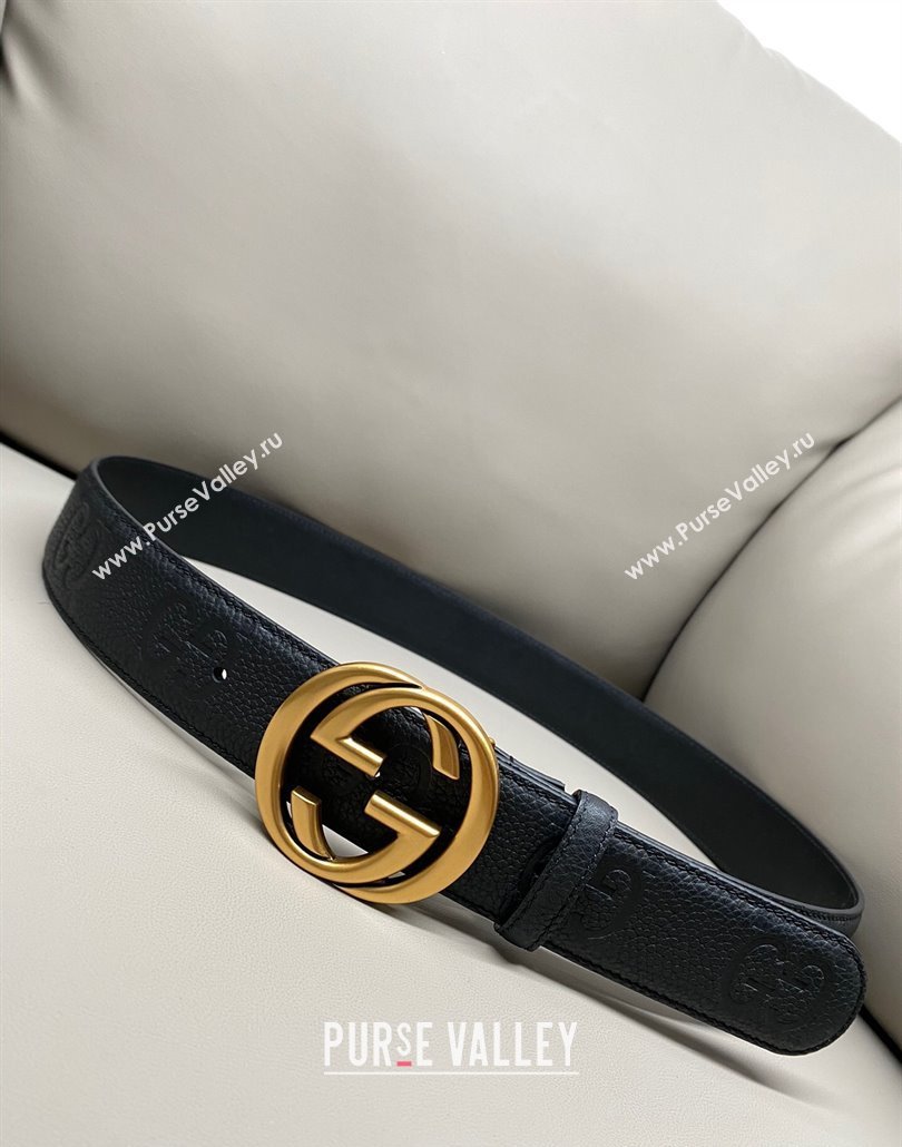 Gucci Milano Maxi GG Grained Leather Belt 4cm with Interlocking G Buckle Black/Aged Gold 2025 GG010901 (99-250109145)