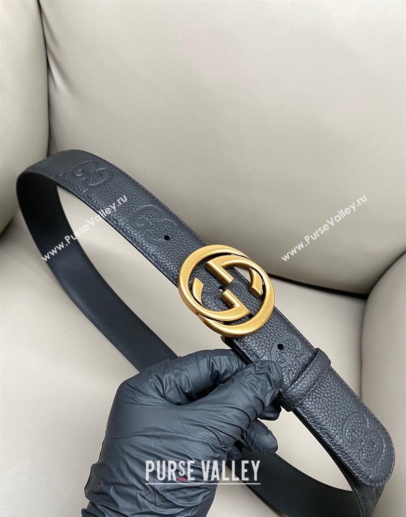 Gucci Milano Maxi GG Grained Leather Belt 4cm with Interlocking G Buckle Black/Aged Gold 2025 GG010901 (99-250109145)