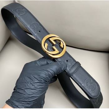 Gucci Milano Maxi GG Grained Leather Belt 4cm with Interlocking G Buckle Black/Aged Gold 2025 GG010901 (99-250109145)