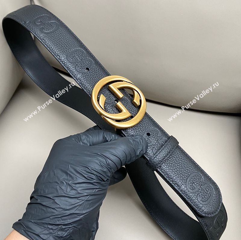 Gucci Milano Maxi GG Grained Leather Belt 4cm with Interlocking G Buckle Black/Aged Gold 2025 GG010901 (99-250109145)