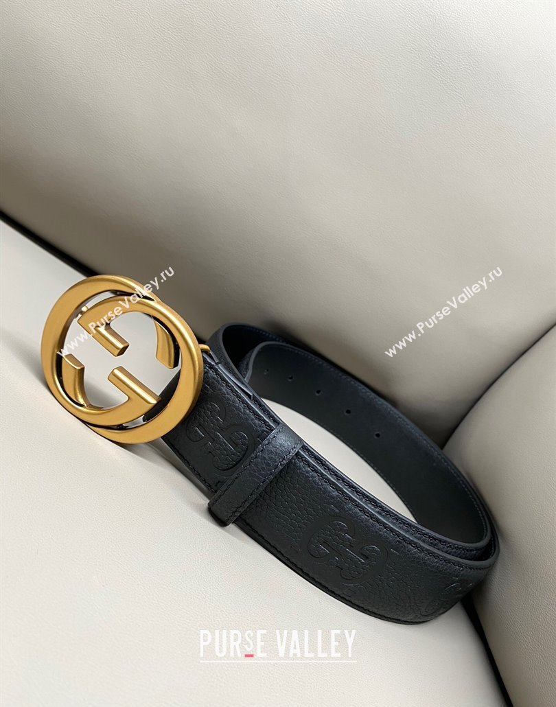 Gucci Milano Maxi GG Grained Leather Belt 4cm with Interlocking G Buckle Black/Aged Gold 2025 GG010901 (99-250109145)