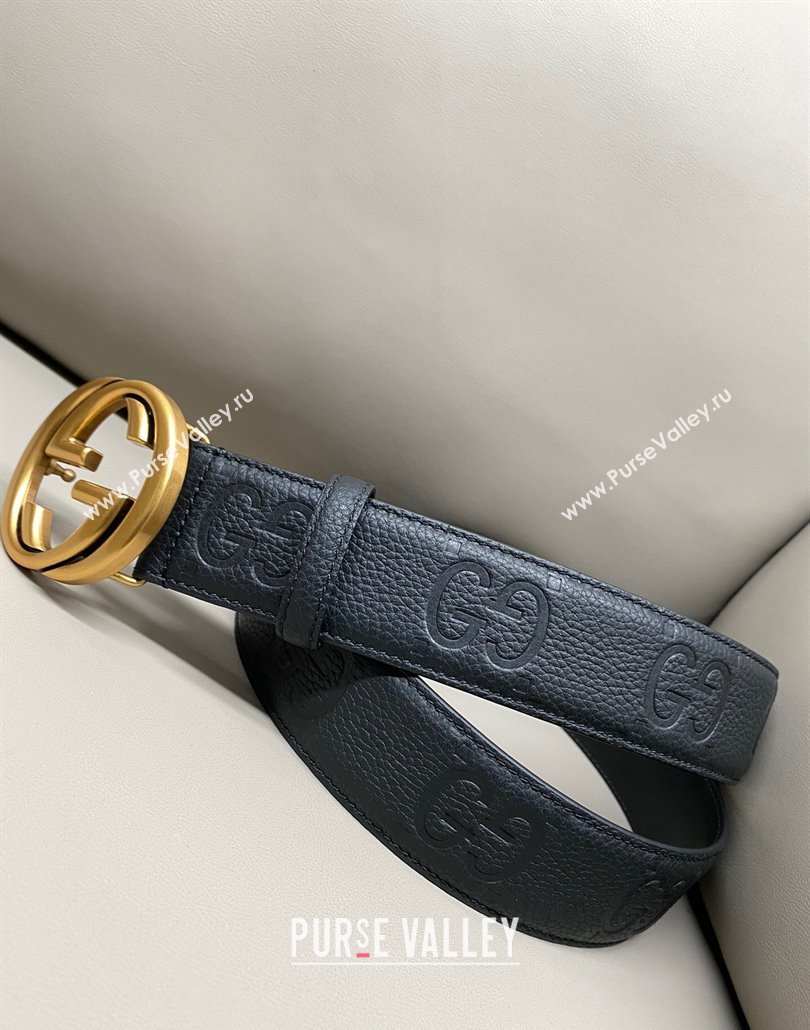 Gucci Milano Maxi GG Grained Leather Belt 4cm with Interlocking G Buckle Black/Aged Gold 2025 GG010901 (99-250109145)