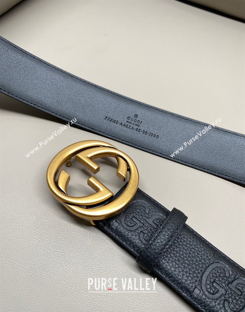 Gucci Milano Maxi GG Grained Leather Belt 4cm with Interlocking G Buckle Black/Aged Gold 2025 GG010901 (99-250109145)