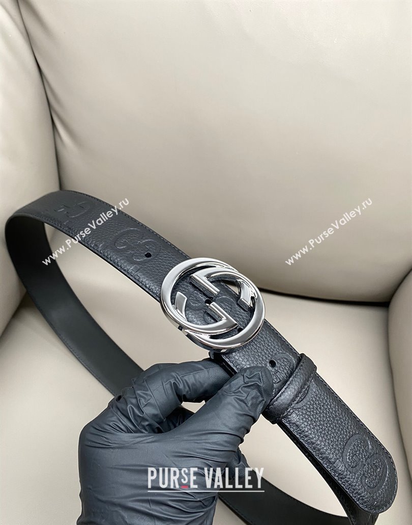 Gucci Milano Maxi GG Grained Leather Belt 4cm with Interlocking G Buckle Black/Shiny Silver 2025 GG010901 (99-250109146)