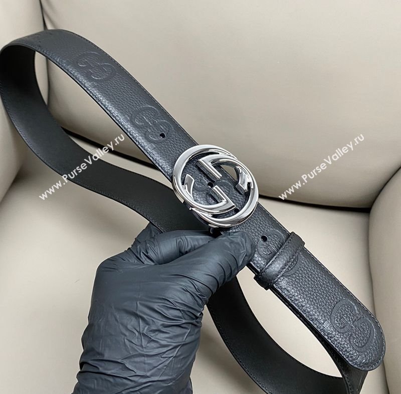 Gucci Milano Maxi GG Grained Leather Belt 4cm with Interlocking G Buckle Black/Shiny Silver 2025 GG010901 (99-250109146)