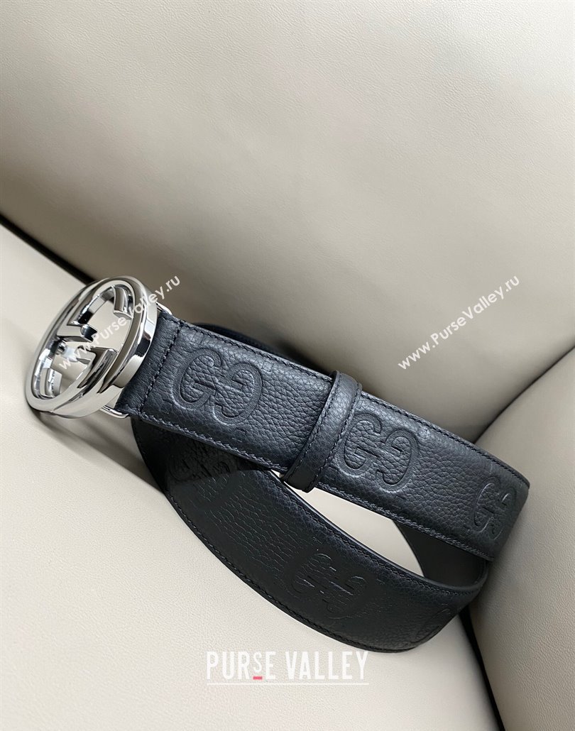 Gucci Milano Maxi GG Grained Leather Belt 4cm with Interlocking G Buckle Black/Shiny Silver 2025 GG010901 (99-250109146)