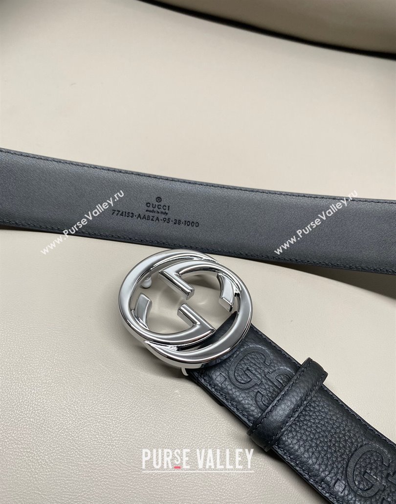 Gucci Milano Maxi GG Grained Leather Belt 4cm with Interlocking G Buckle Black/Shiny Silver 2025 GG010901 (99-250109146)