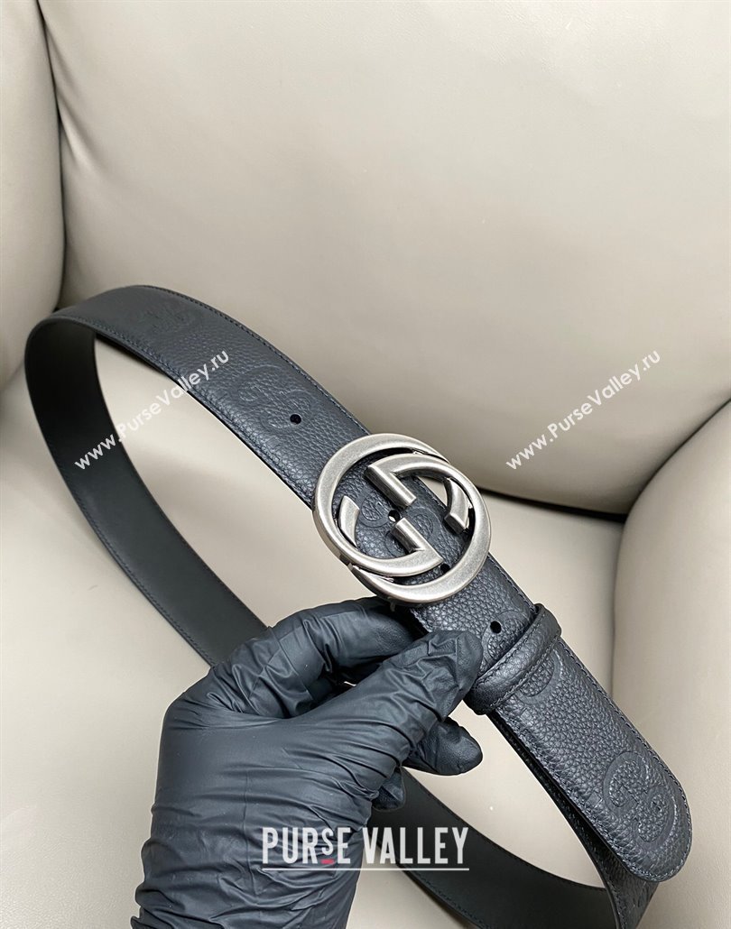 Gucci Milano Maxi GG Grained Leather Belt 4cm with Interlocking G Buckle Black/Aged Silver 2025 GG010901 (99-250109147)