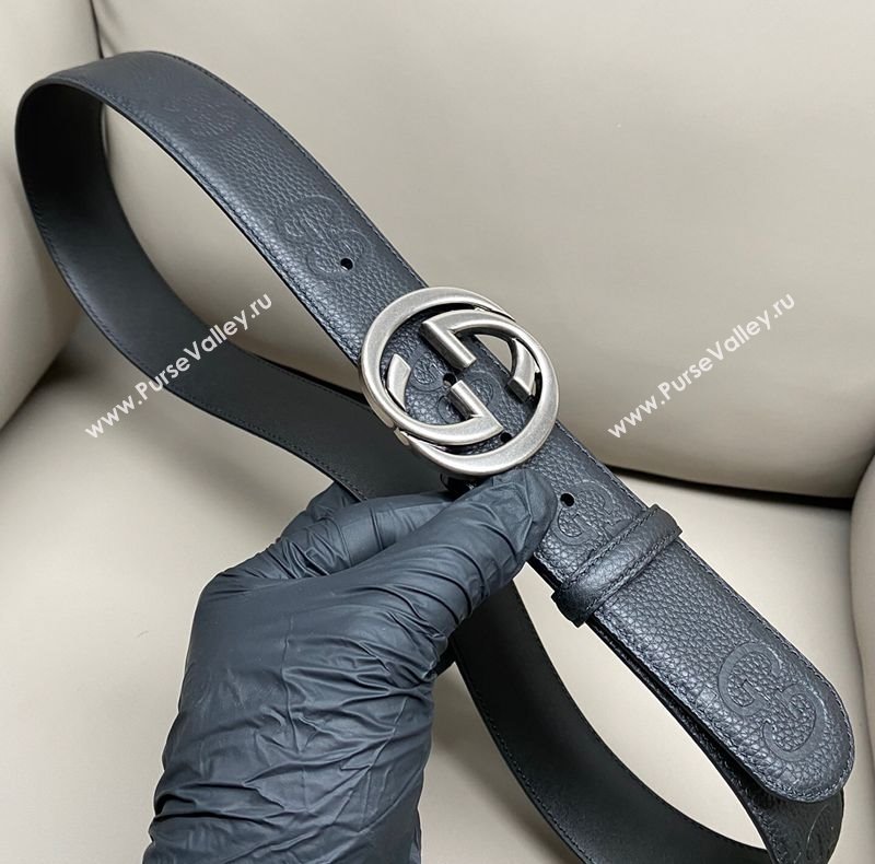 Gucci Milano Maxi GG Grained Leather Belt 4cm with Interlocking G Buckle Black/Aged Silver 2025 GG010901 (99-250109147)