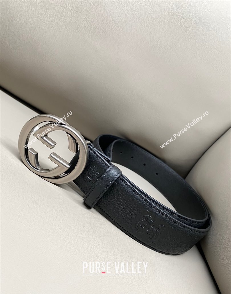 Gucci Milano Maxi GG Grained Leather Belt 4cm with Interlocking G Buckle Black/Aged Silver 2025 GG010901 (99-250109147)