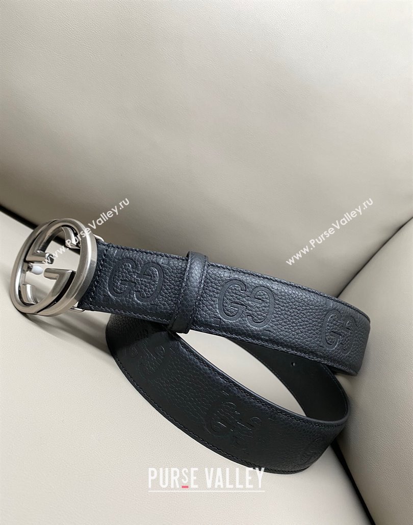 Gucci Milano Maxi GG Grained Leather Belt 4cm with Interlocking G Buckle Black/Aged Silver 2025 GG010901 (99-250109147)