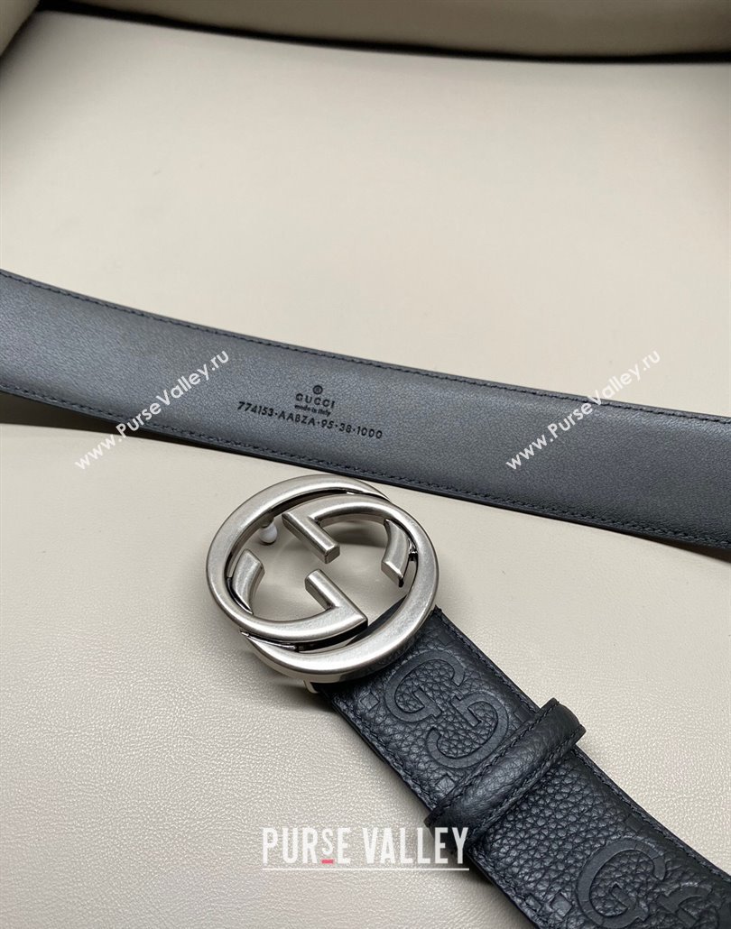 Gucci Milano Maxi GG Grained Leather Belt 4cm with Interlocking G Buckle Black/Aged Silver 2025 GG010901 (99-250109147)