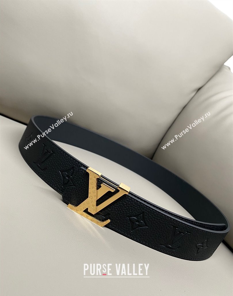 Louis Vuitton Mens Grained Leather Belt 4cm with Gold Monogram LV Buckle Black 2025 LV011006 (99-250110103)