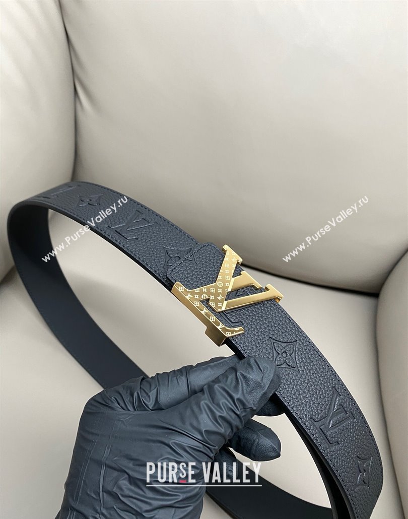 Louis Vuitton Mens Grained Leather Belt 4cm with Gold Monogram LV Buckle Black 2025 LV011006 (99-250110103)