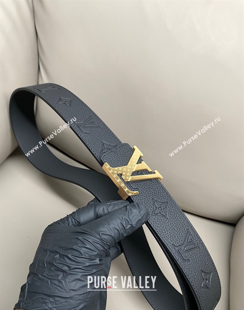 Louis Vuitton Mens Grained Leather Belt 4cm with Gold Monogram LV Buckle Black 2025 LV011006 (99-250110103)