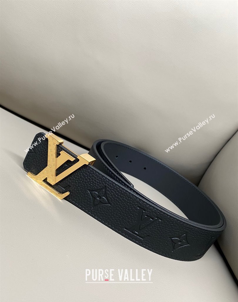 Louis Vuitton Mens Grained Leather Belt 4cm with Gold Monogram LV Buckle Black 2025 LV011006 (99-250110103)