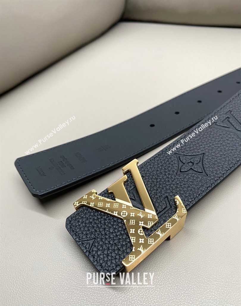 Louis Vuitton Mens Grained Leather Belt 4cm with Gold Monogram LV Buckle Black 2025 LV011006 (99-250110103)