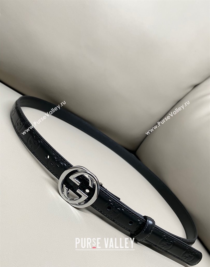 Gucci Milano Maxi GG Embossed Leather Belt 2cm with Interlocking G Buckle Black/Silver 2025 GG010901 (99-250109142)