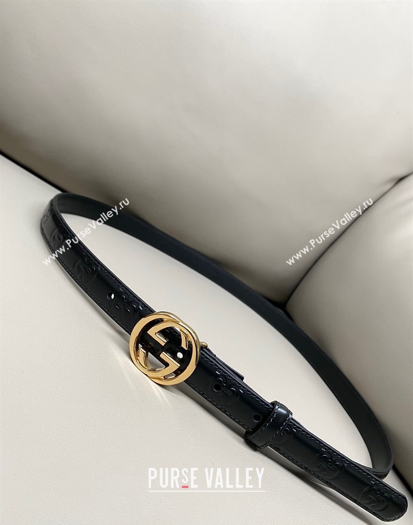 Gucci Milano Maxi GG Embossed Leather Belt 2cm with Interlocking G Buckle Black/Gold 2025 GG010901 (99-250109141)