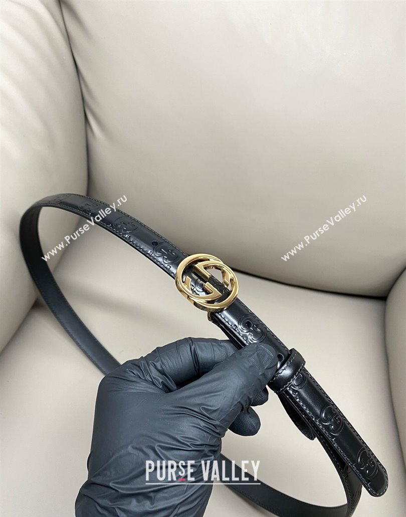 Gucci Milano Maxi GG Embossed Leather Belt 2cm with Interlocking G Buckle Black/Gold 2025 GG010901 (99-250109141)