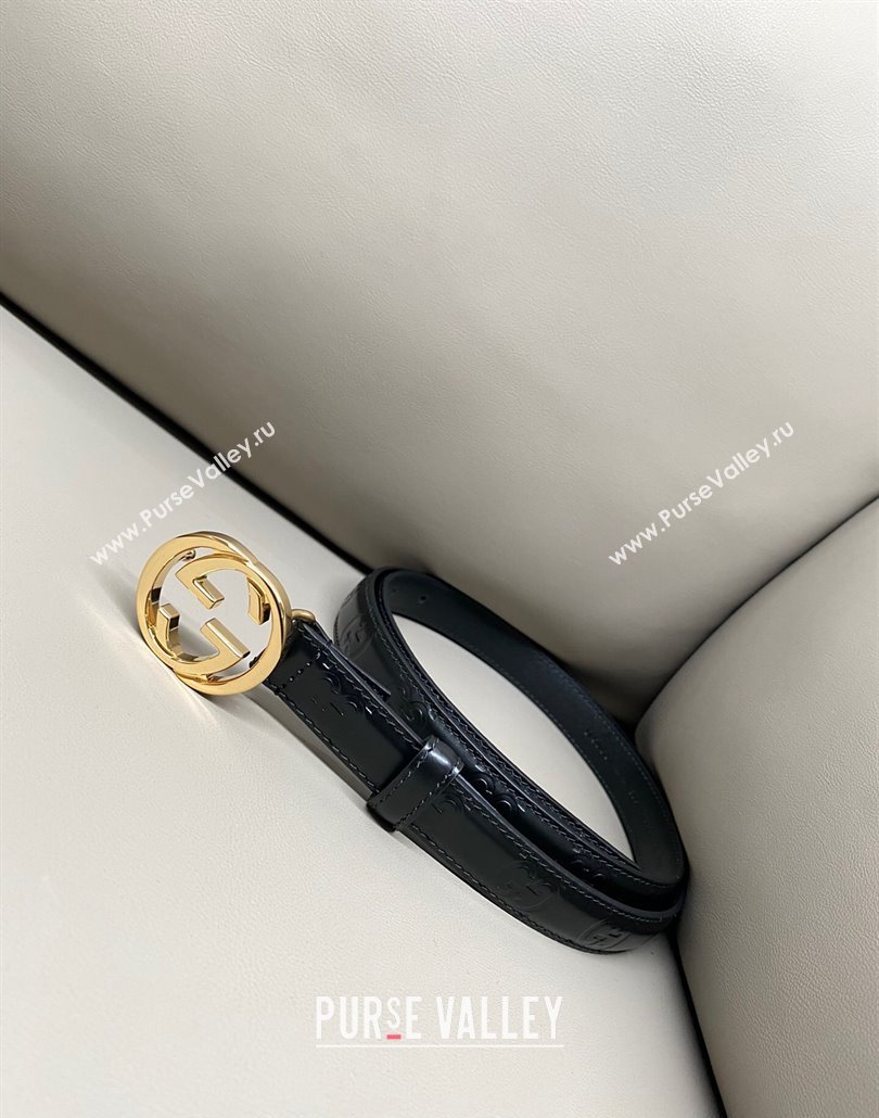 Gucci Milano Maxi GG Embossed Leather Belt 2cm with Interlocking G Buckle Black/Gold 2025 GG010901 (99-250109141)