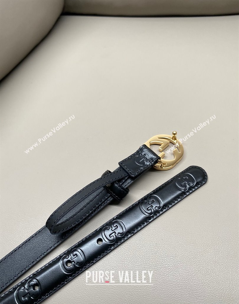 Gucci Milano Maxi GG Embossed Leather Belt 2cm with Interlocking G Buckle Black/Gold 2025 GG010901 (99-250109141)