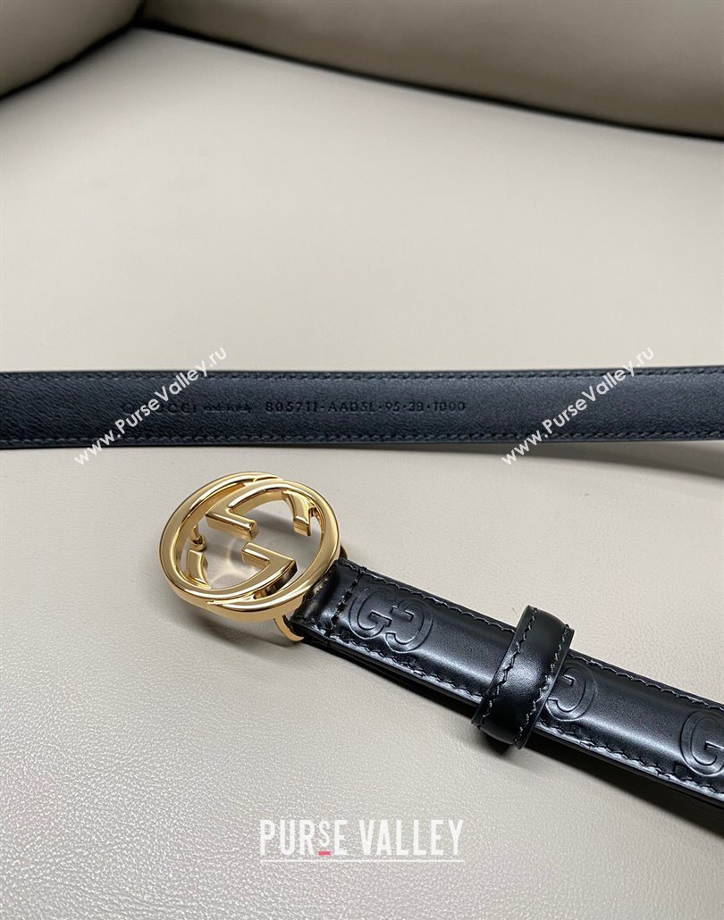 Gucci Milano Maxi GG Embossed Leather Belt 2cm with Interlocking G Buckle Black/Gold 2025 GG010901 (99-250109141)