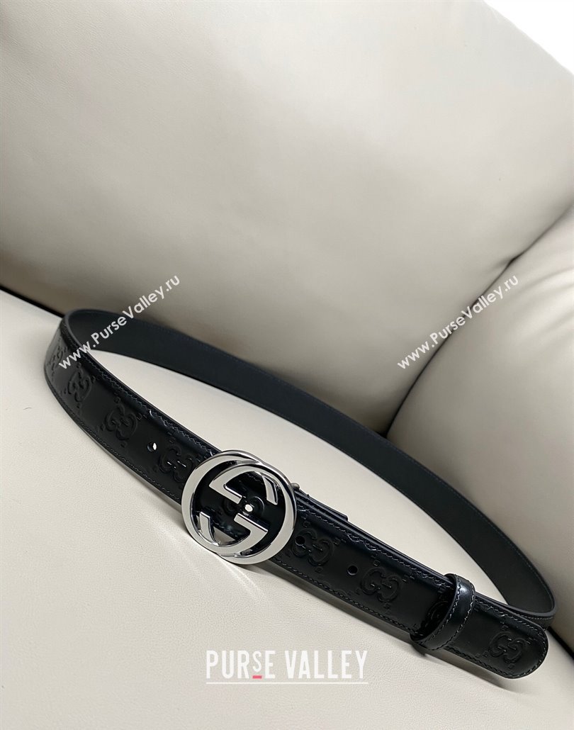 Gucci Milano Maxi GG Embossed Leather Belt 3cm with Interlocking G Buckle Black/Silver 2025 GG010901 (99-250109140)